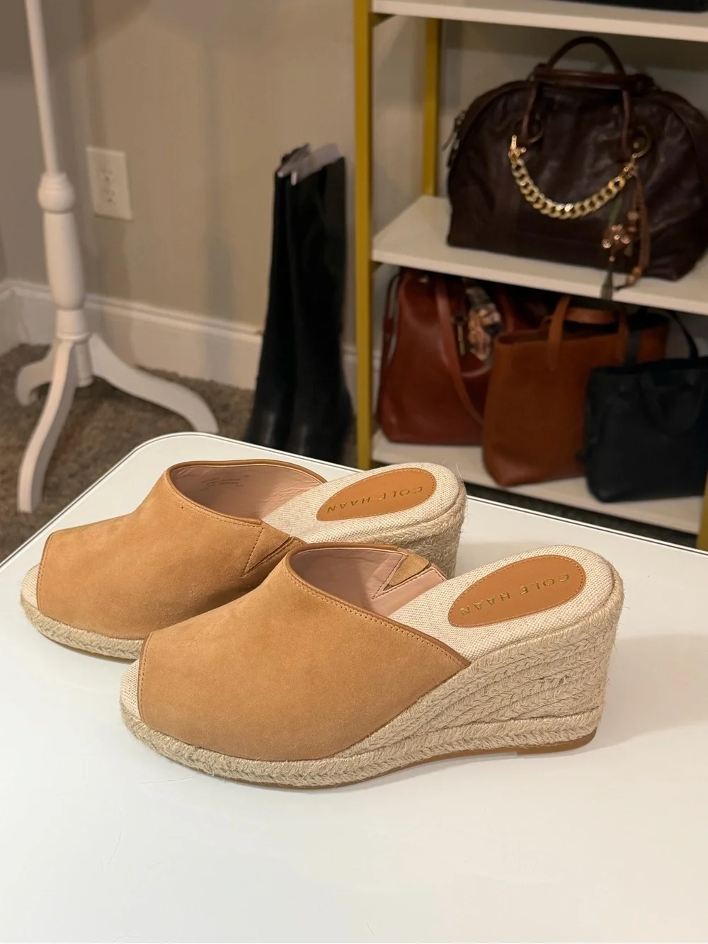 Cole Haan Cloudfeel Southcrest Espadrille Wedge Mule in tan suede sz7
